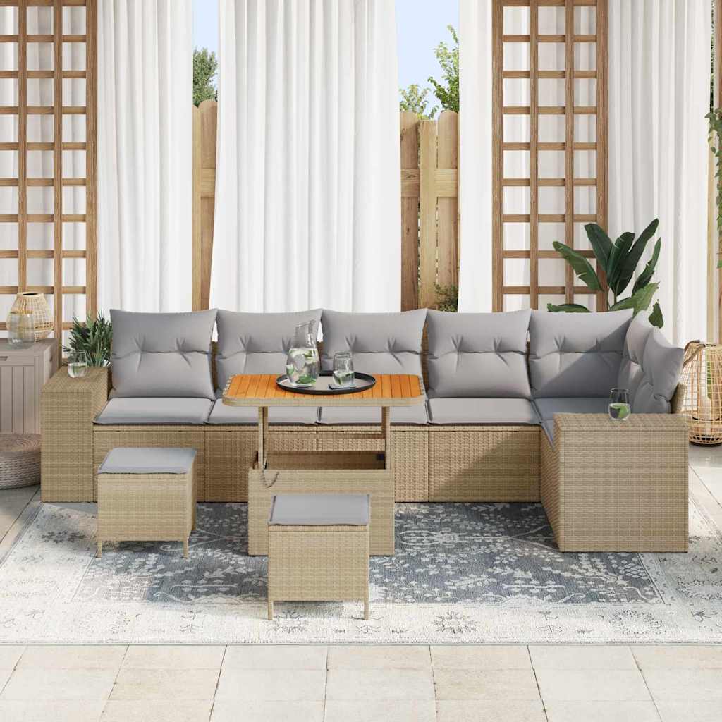 Gartensofa-set mit Kissen 9 pcs Beige und Hellgrau Poly-Rattan