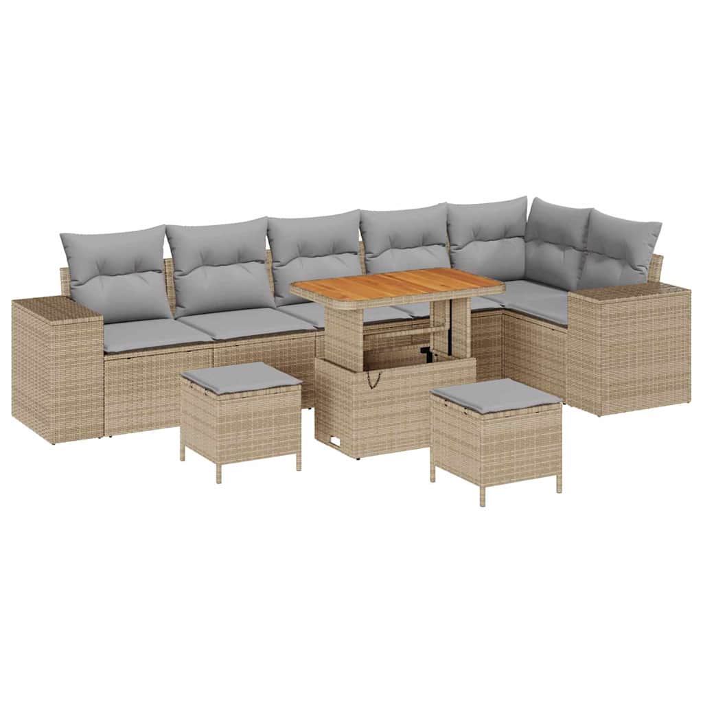 Gartensofa-set mit Kissen 9 pcs Beige und Hellgrau Poly-Rattan