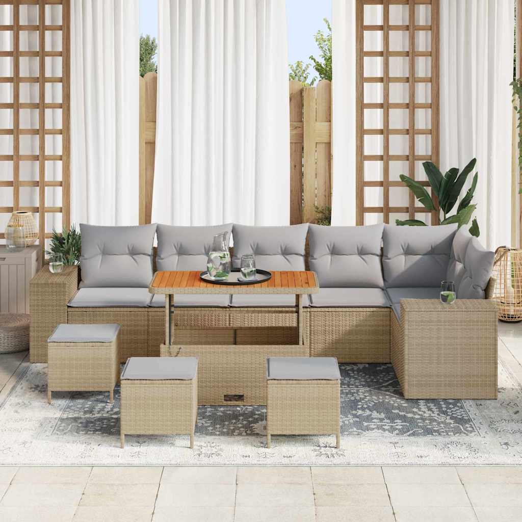Gartensofa-set mit Kissen 10 pcs Beige und Hellgrau Poly-Rattan
