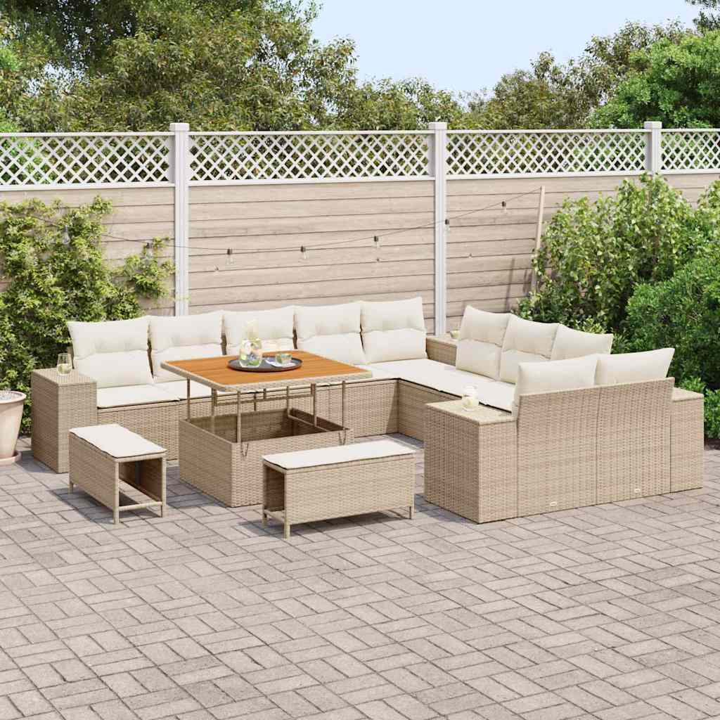 Gartensofa-set mit Kissen 13 pcs Beige und Creme Poly-Rattan