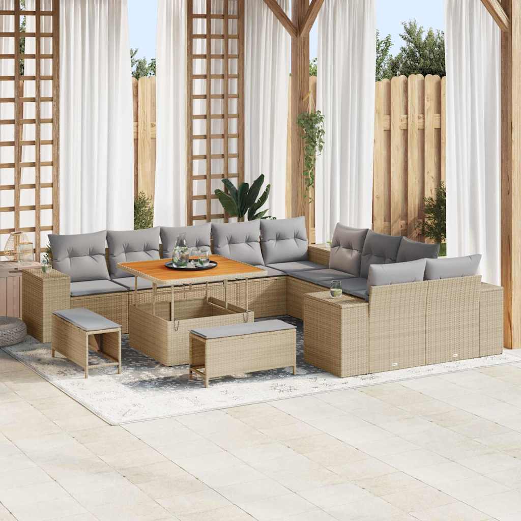 Gartensofa-set mit Kissen 13 pcs Beige und Hellgrau Poly-Rattan