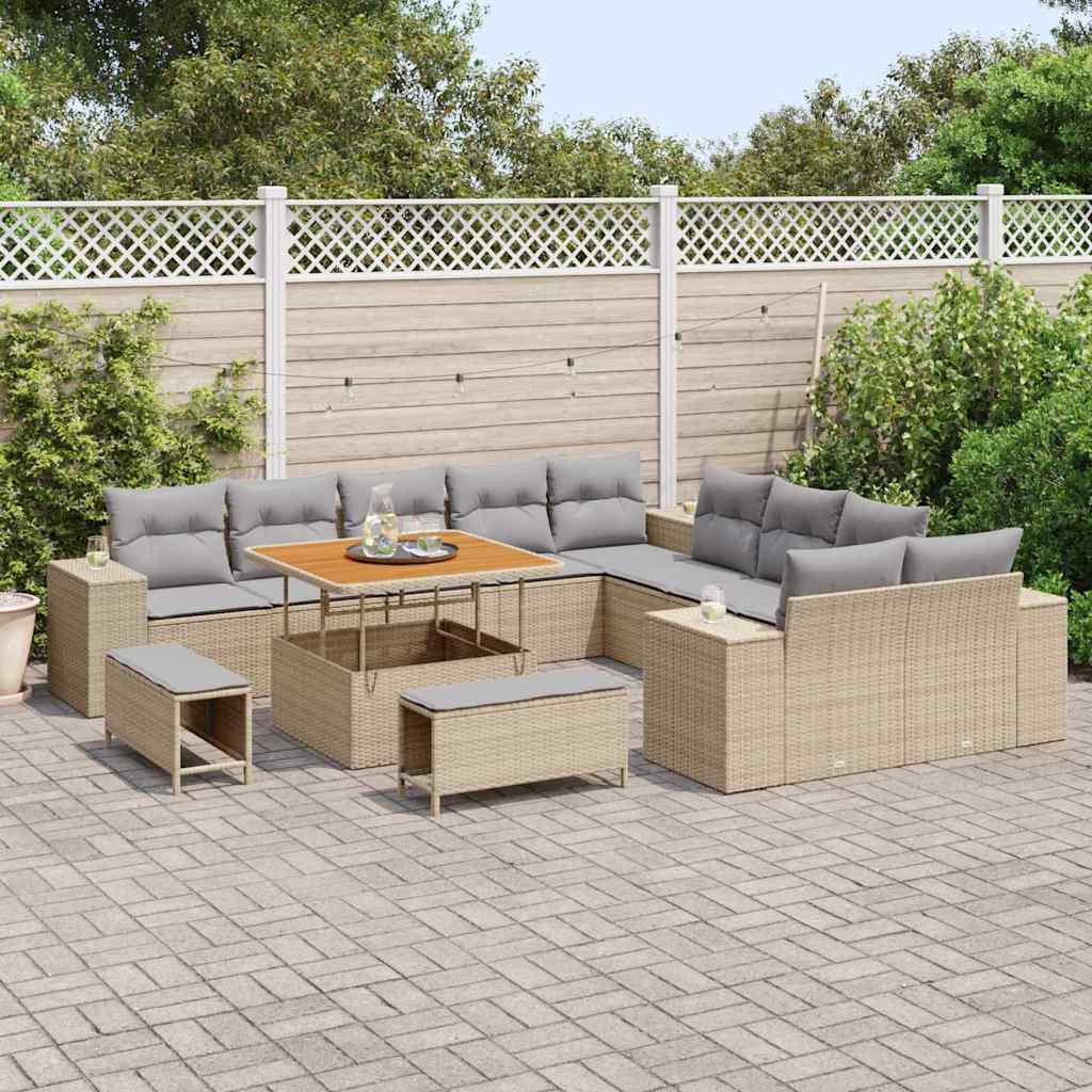 Gartensofa-set mit Kissen 13 pcs Beige und Hellgrau Poly-Rattan