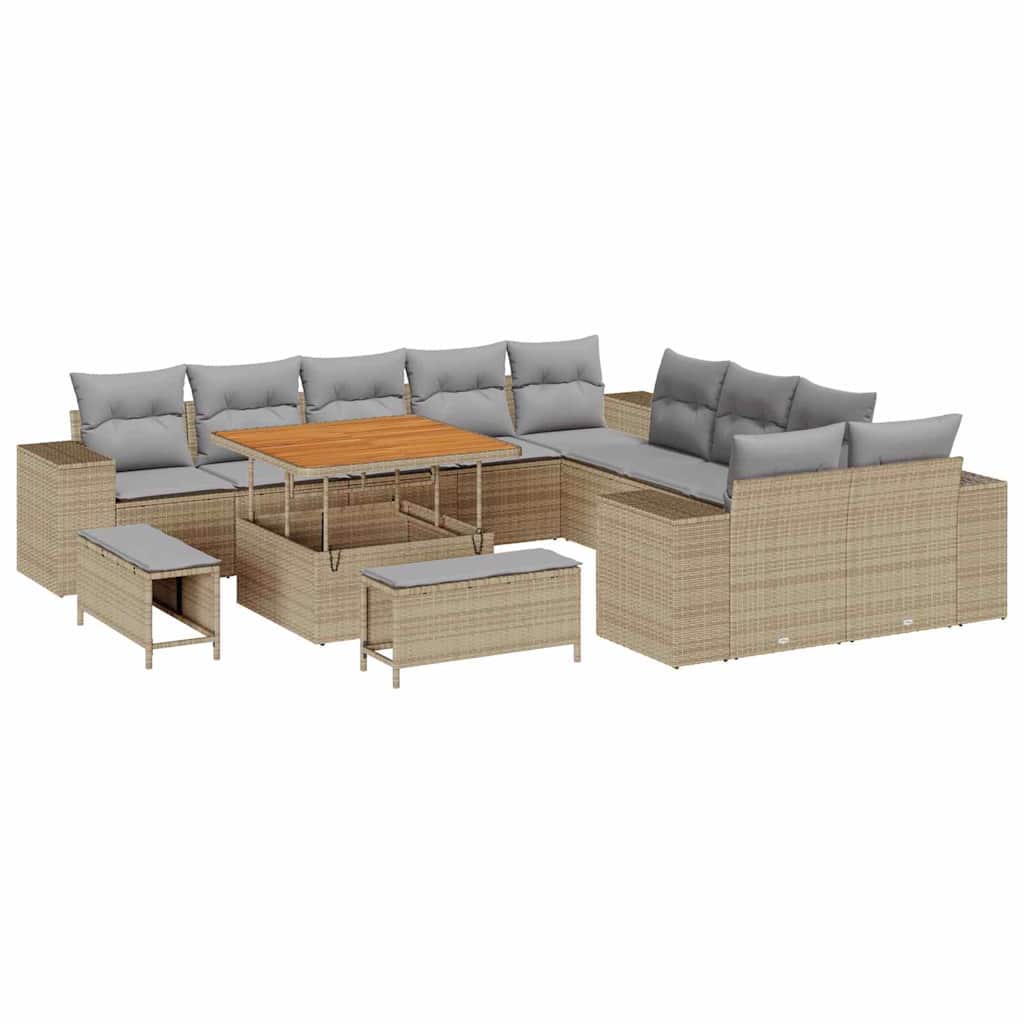 Gartensofa-set mit Kissen 13 pcs Beige und Hellgrau Poly-Rattan