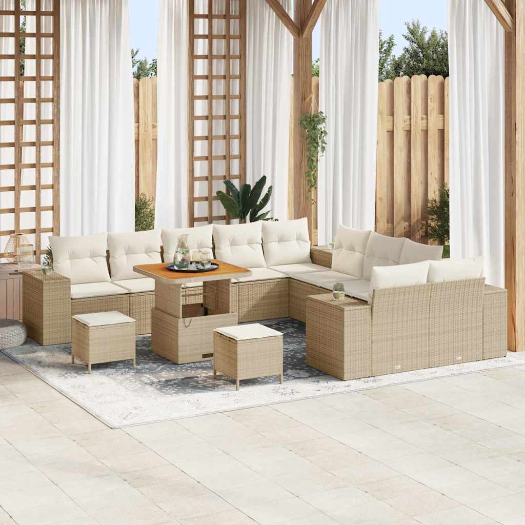 Gartensofa-set mit Kissen 13 pcs Beige und Creme Poly-Rattan