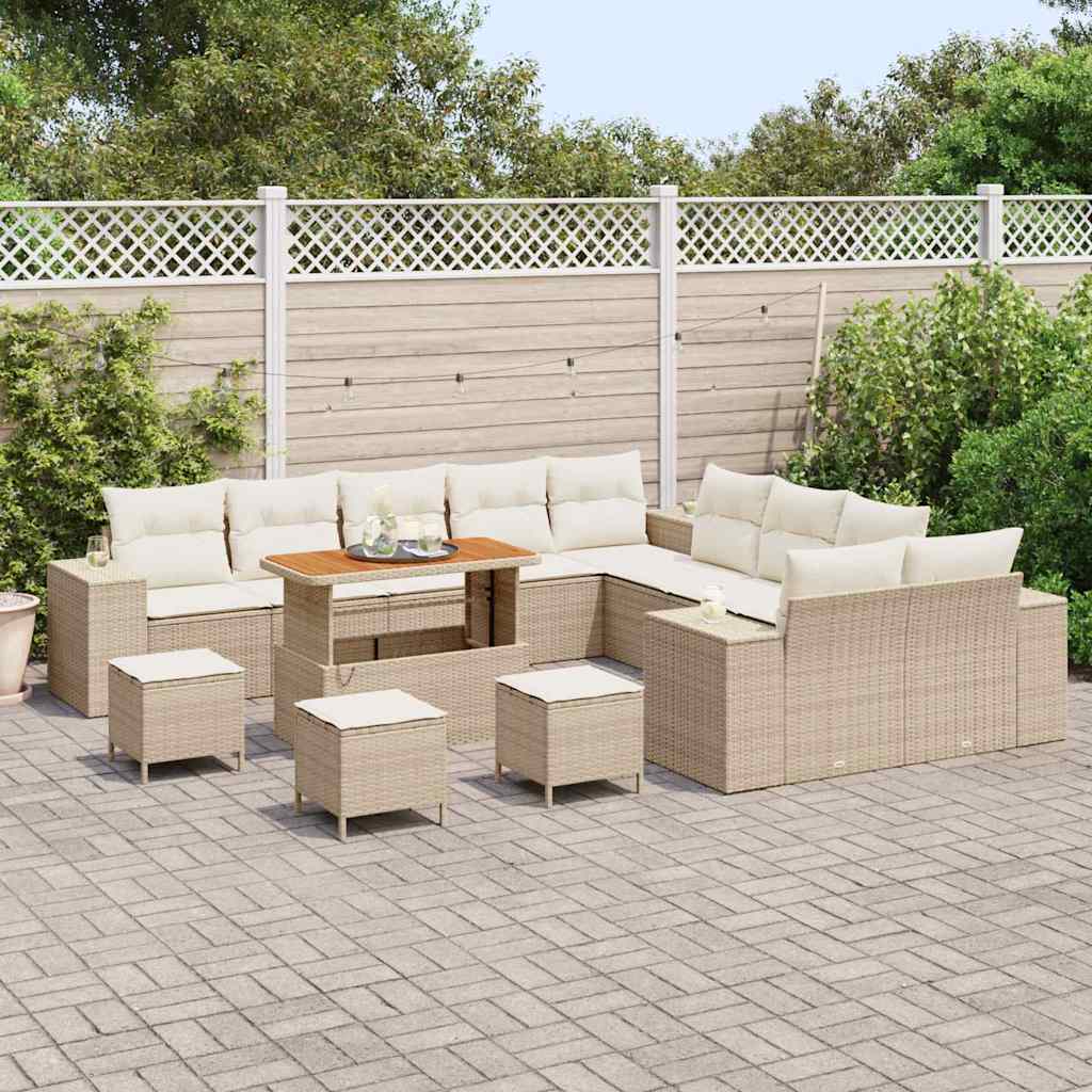 Gartensofa-set mit Kissen 14 pcs Beige und Creme Poly-Rattan