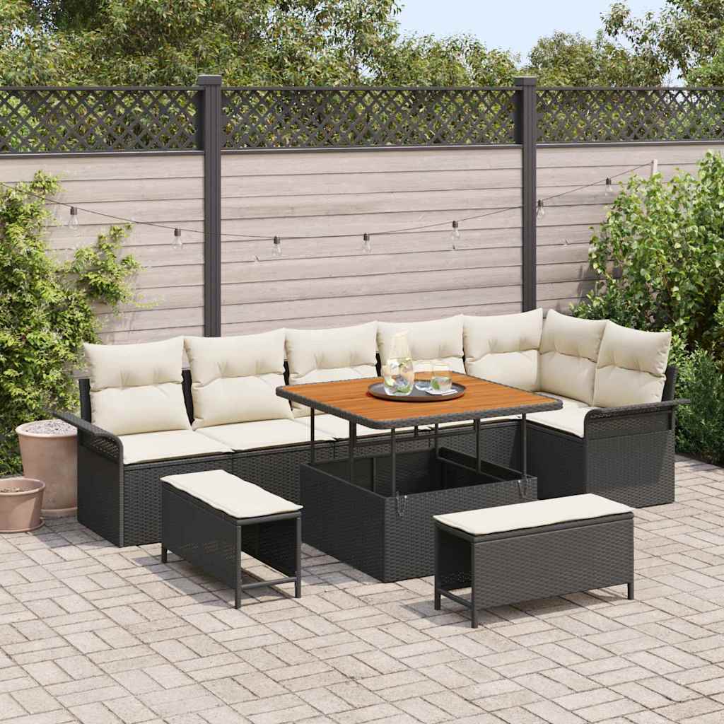 Garten-Sofa-Set mit Kissen mit Speicher 9 pcs Schwarz