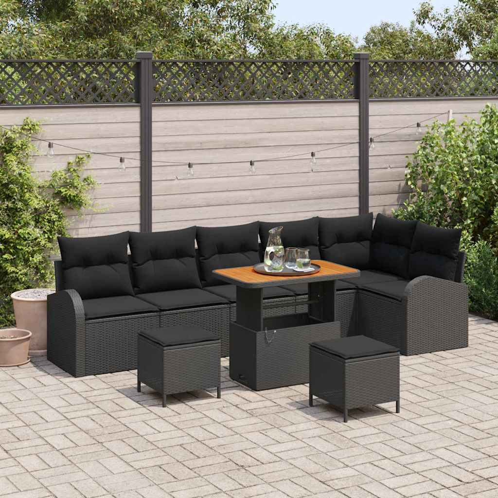 Garten-Sofa-Set mit Kissen mit Speicher 9 pcs Schwarz
