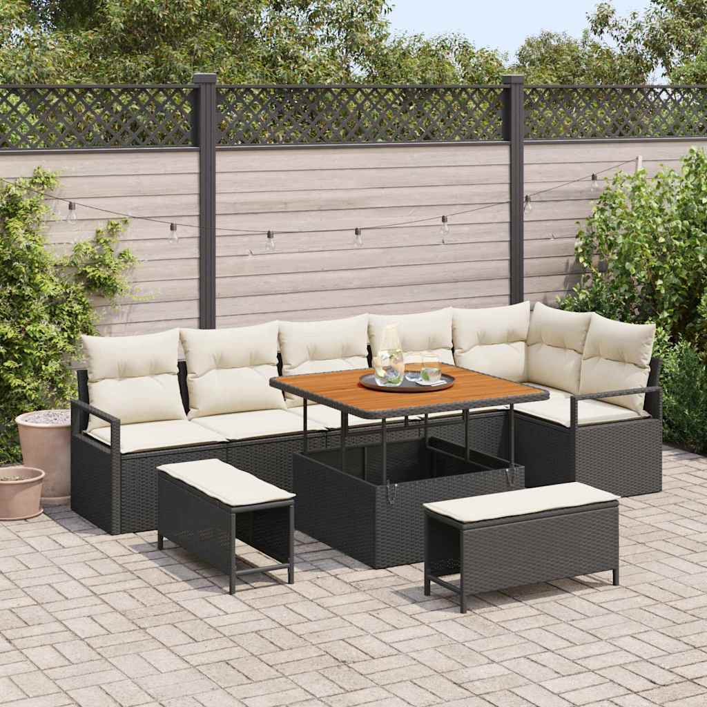 Garten-Sofa-Set mit Kissen mit Speicher 9 pcs Schwarz und Creme