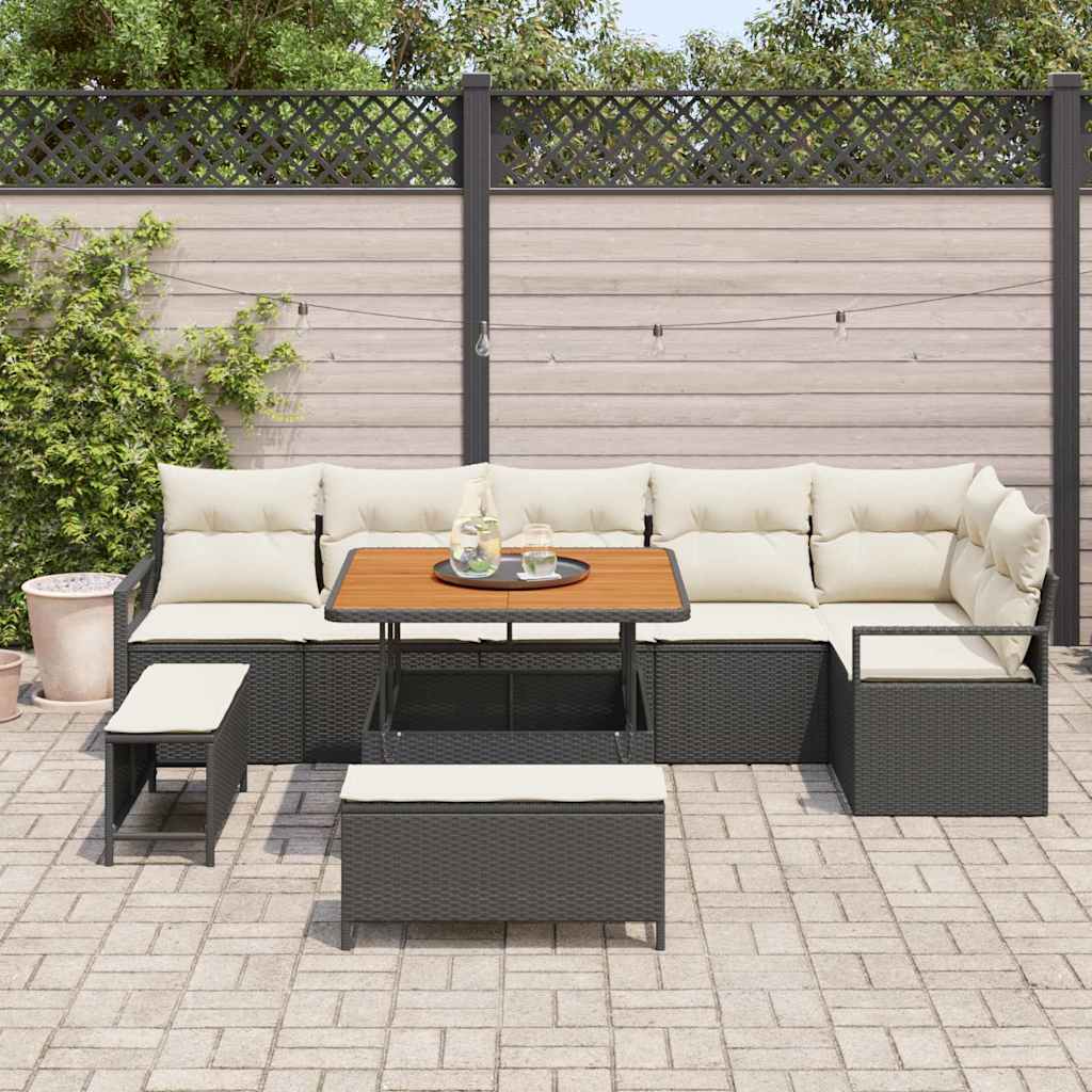 Garten-Sofa-Set mit Kissen mit Speicher 9 pcs Schwarz und Creme