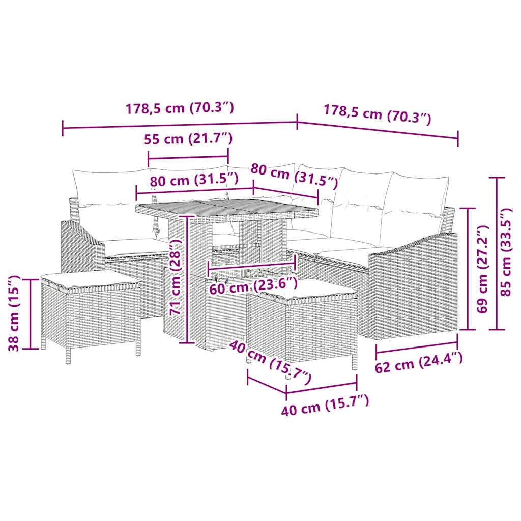 Gartensofa-set mit Kissen mit Speicher 8 pcs Beige Poly Rattan
