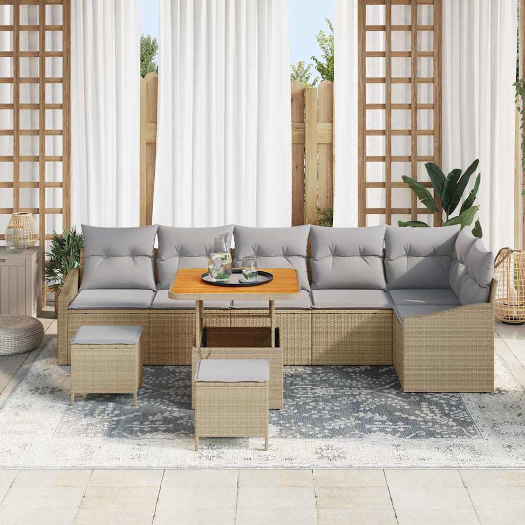 Gartensofa-set mit Kissen mit Speicher 9 pcs Beige Poly Rattan