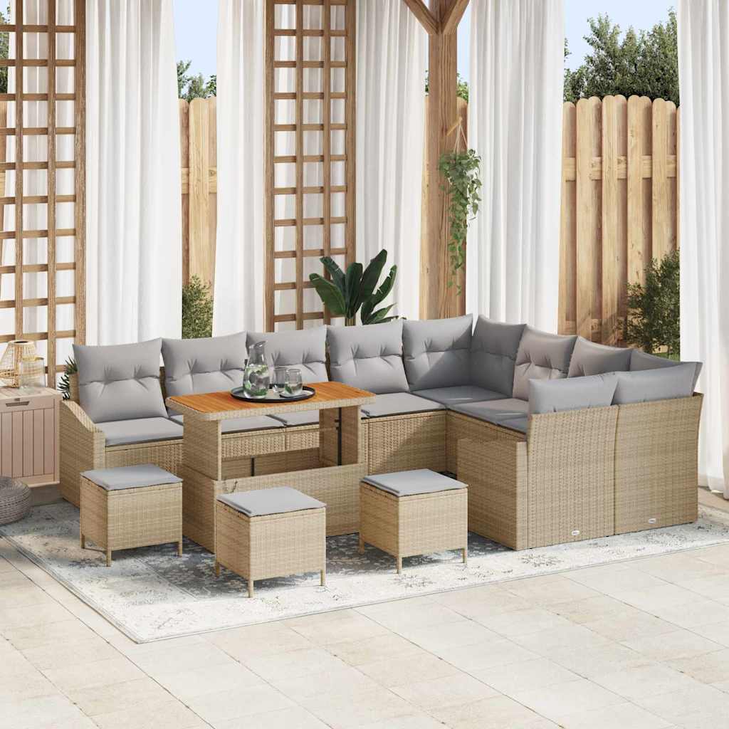 Gartensofa-set mit Kissen mit Speicher 13 pcs Beige Poly Rattan
