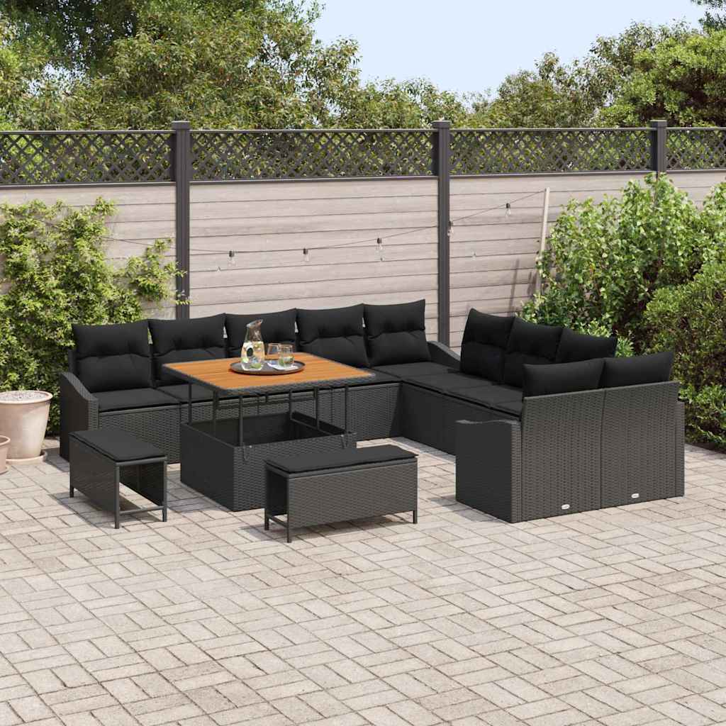 Gartensofa-set mit Kissen 13 pcs Schwarz Poly Rattan