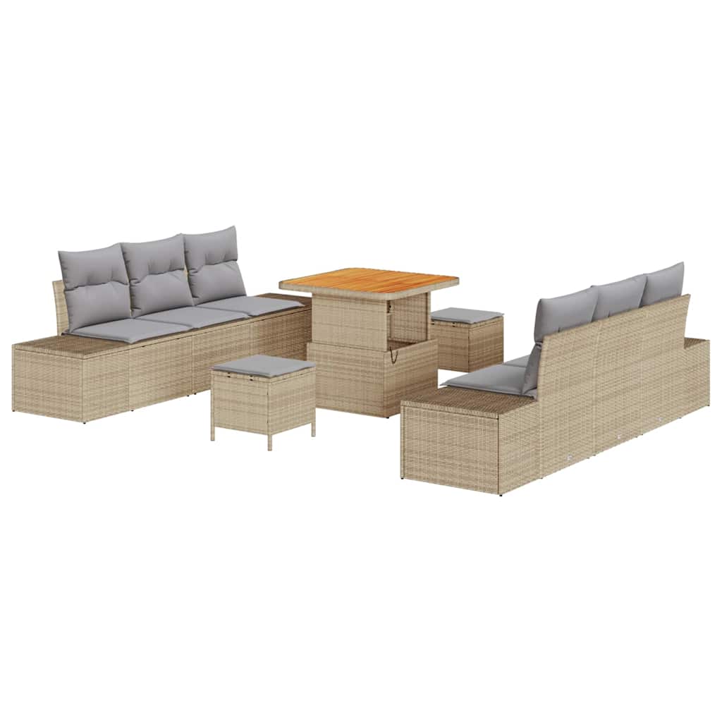 Gartensofa-set mit Kissen mit Speicher 9 pcs Beige Poly Rattan