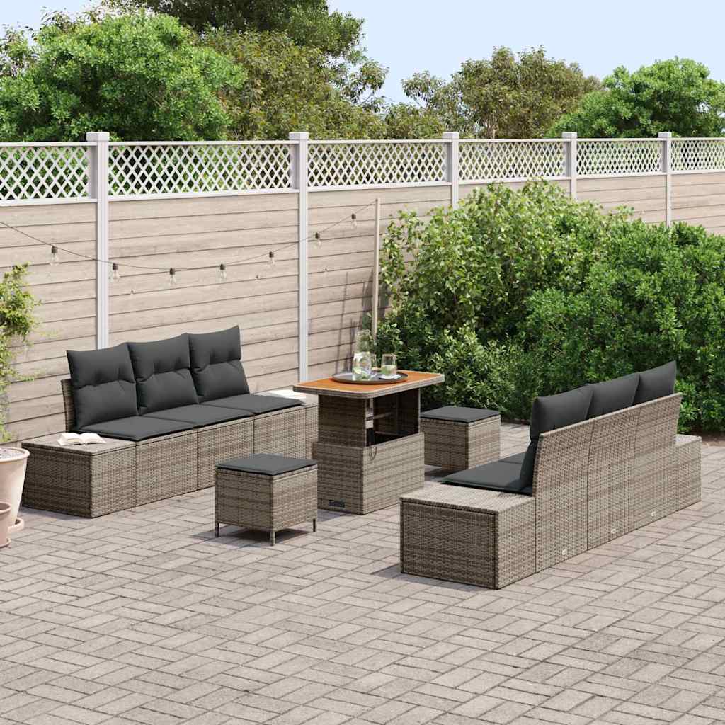 Gartensofa-set mit Kissen mit Speicher 9 pcs Grau Poly Rattan