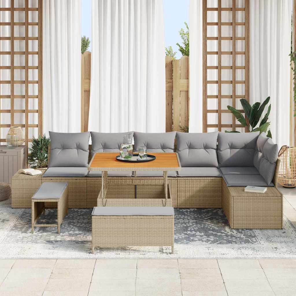 Gartensofa-set mit Kissen mit Speicher 9 pcs Beige Poly Rattan