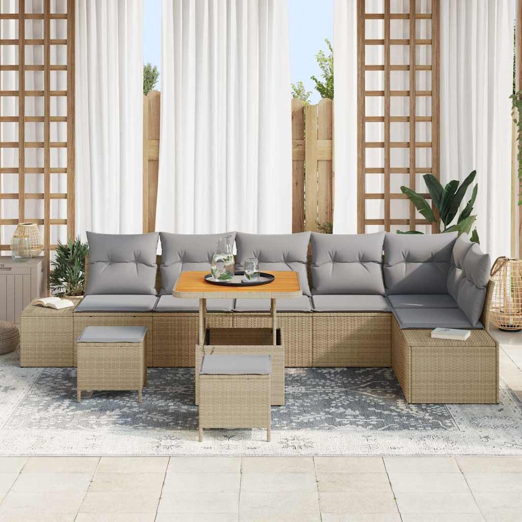 Gartensofa-set mit Kissen mit Speicher 9 pcs Beige Poly Rattan
