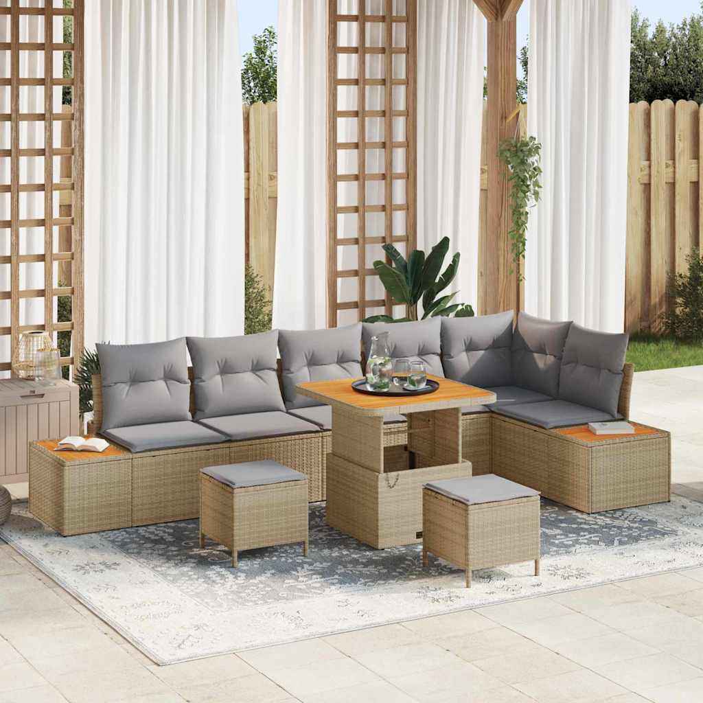 Gartensofa-set mit Kissen mit Speicher 9 pcs Beige Poly Rattan