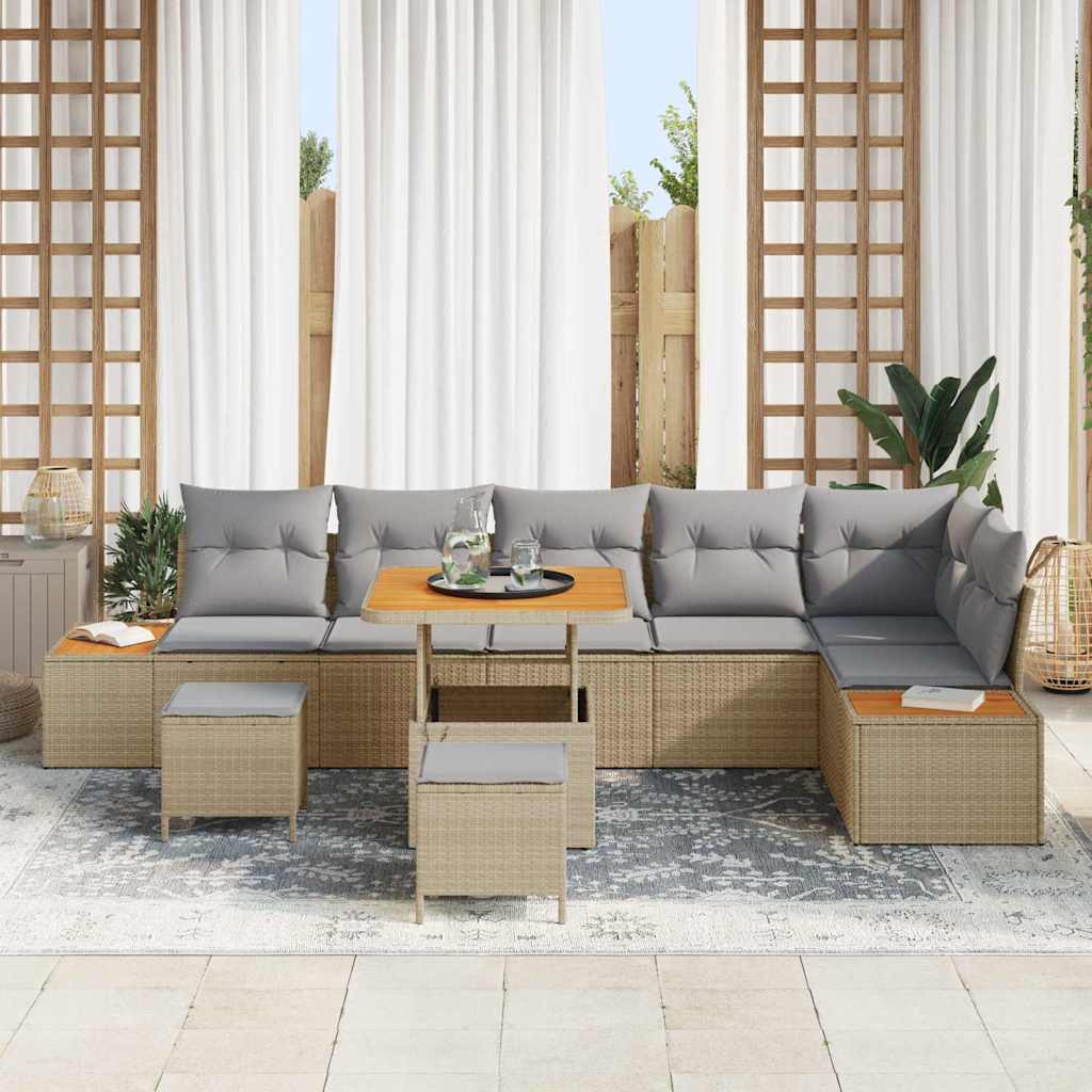 Gartensofa-set mit Kissen mit Speicher 9 pcs Beige Poly Rattan