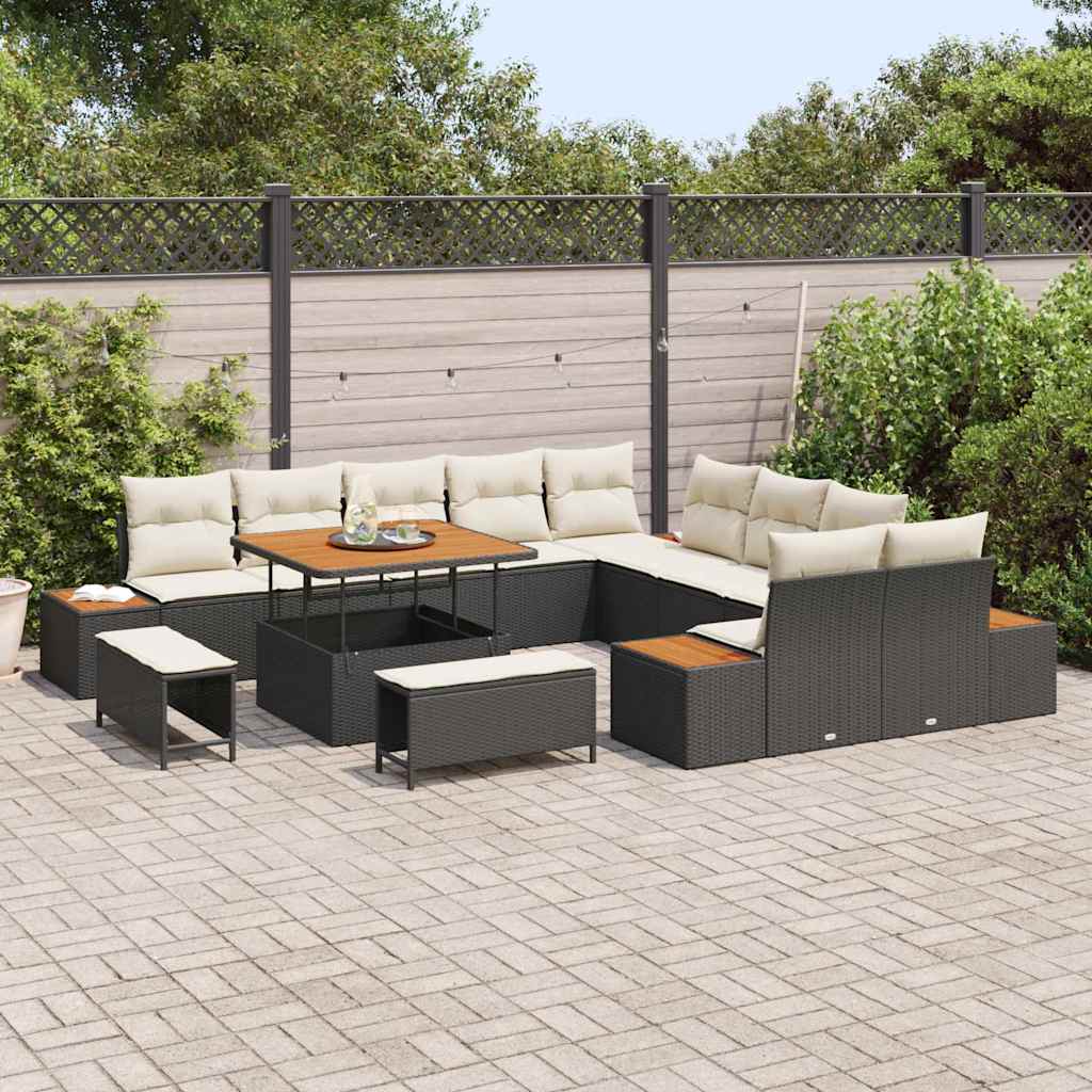 Gartensofa-set mit Kissen 13 pcs Schwarz Poly Rattan