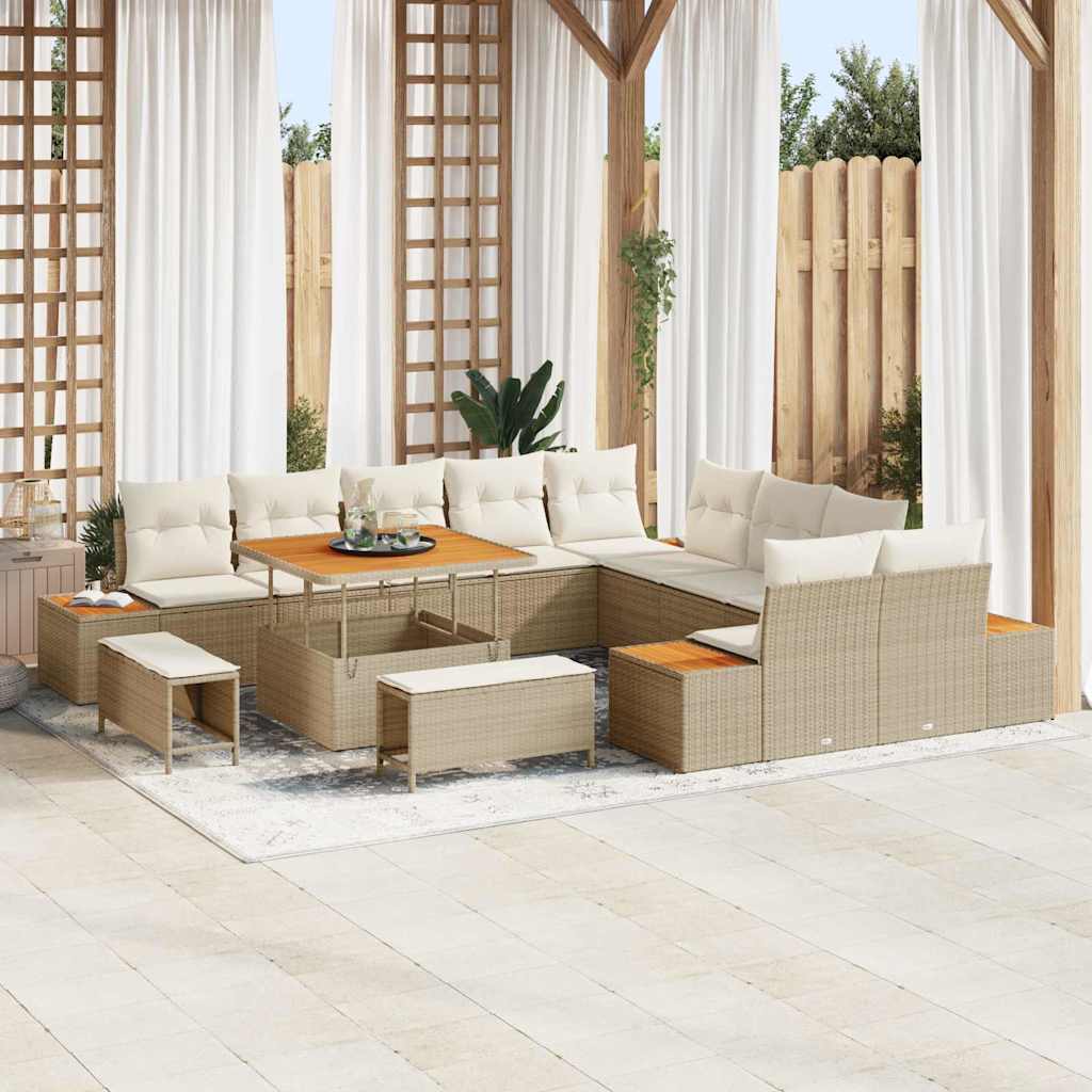 Gartensofa-set mit Kissen mit Speicher 13 pcs Beige Poly Rattan