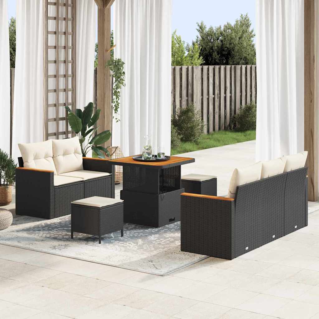 Gartensofa-set mit Kissen 10 pcs Schwarz und Creme Poly-Rattan