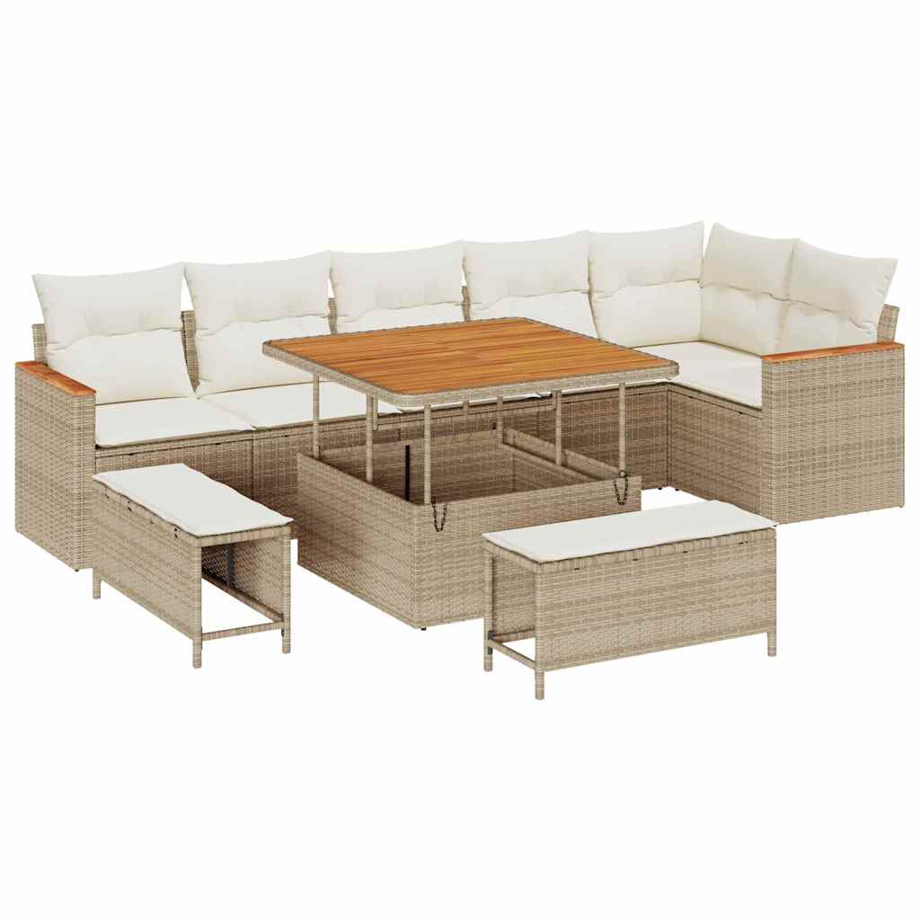 Gartensofa-set mit Kissen 9 pcs Beige Poly Rattan
