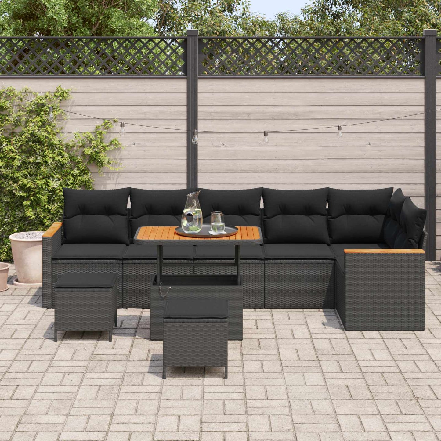 Garten-Sofa-Set mit Kissen mit Speicher Schwarz Poly Rattan
