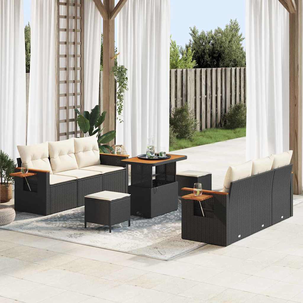 Gartensofa-set mit Kissen 11 pcs Schwarz und Creme Poly-Rattan