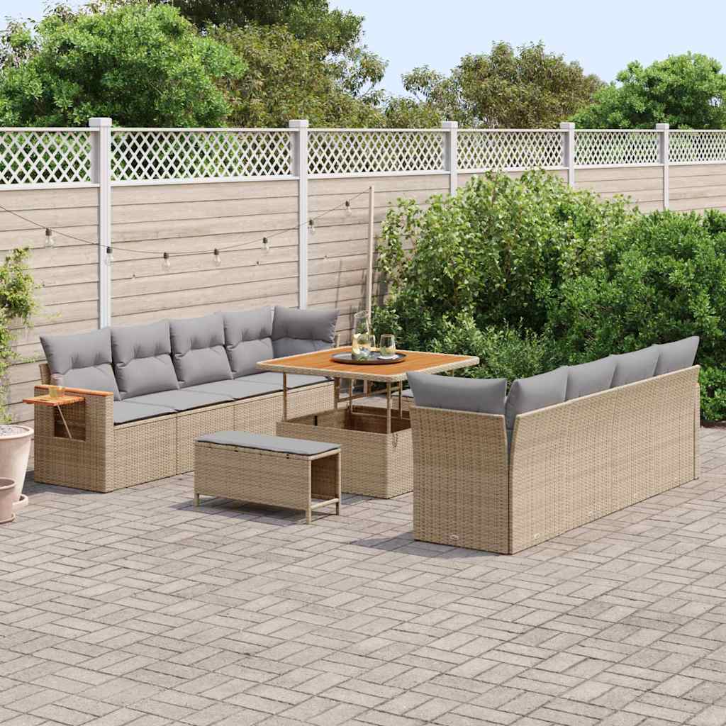 Gartensofa-set mit Kissen 12 pcs Beige und Hellgrau Poly-Rattan