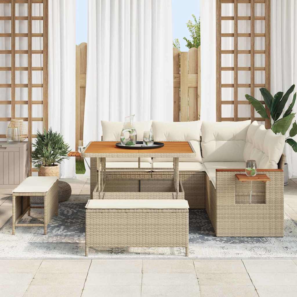 Gartensofa-set mit Kissen 9 pcs Beige und Creme Poly-Rattan