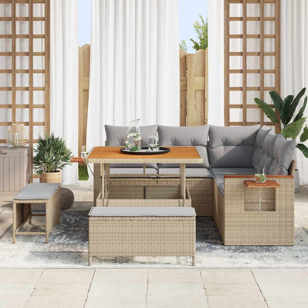 Gartensofa-set mit Kissen 9 pcs Beige und Hellgrau Poly-Rattan