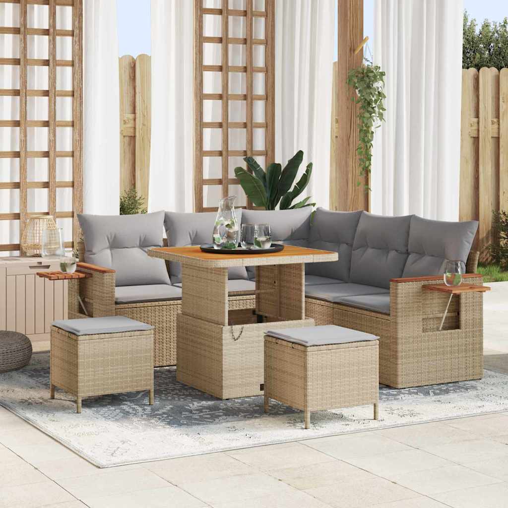 Gartensofa-set mit Kissen 9 pcs Beige und Hellgrau Poly-Rattan
