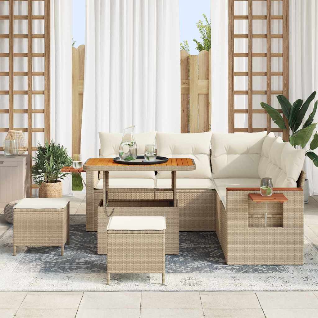 Gartensofa-set mit Kissen 9 pcs Beige und Creme Poly-Rattan
