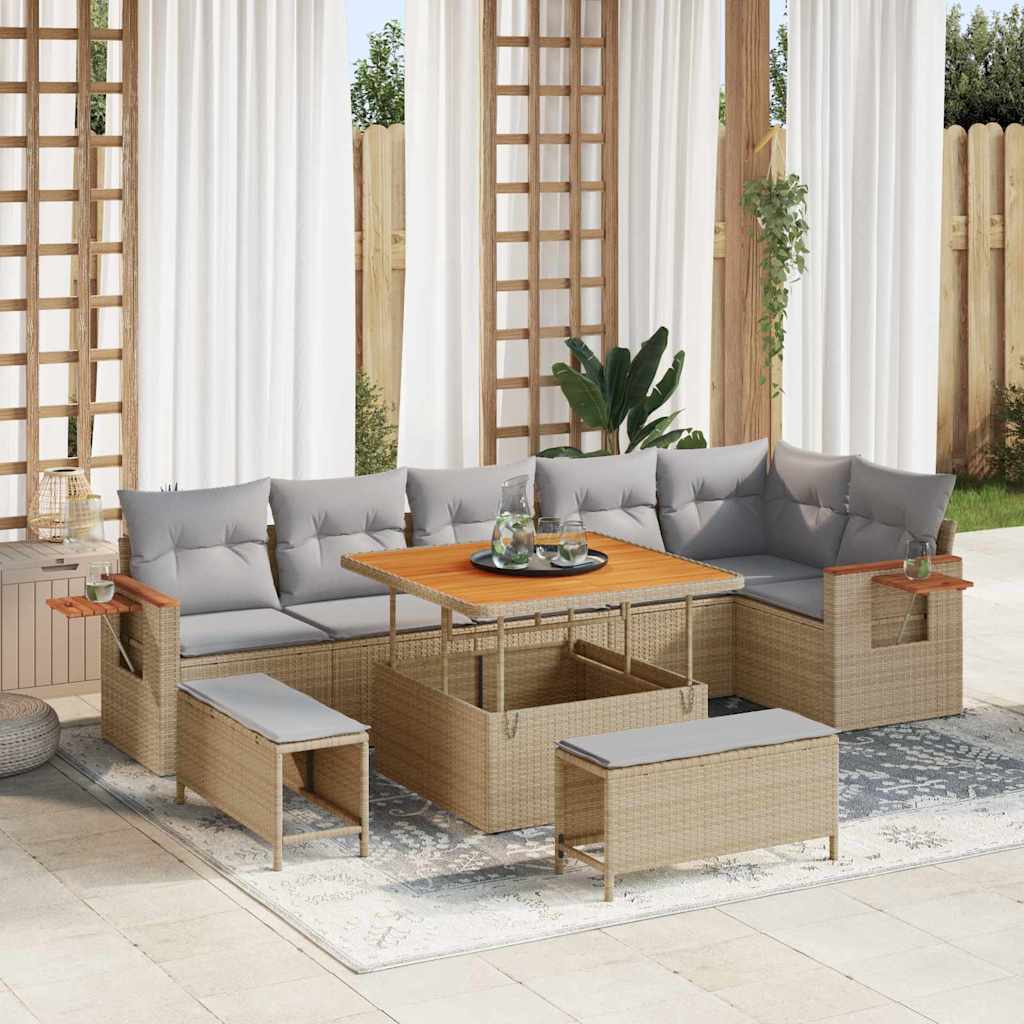 Gartensofa-set mit Kissen 11 pcs Beige und Hellgrau Poly-Rattan