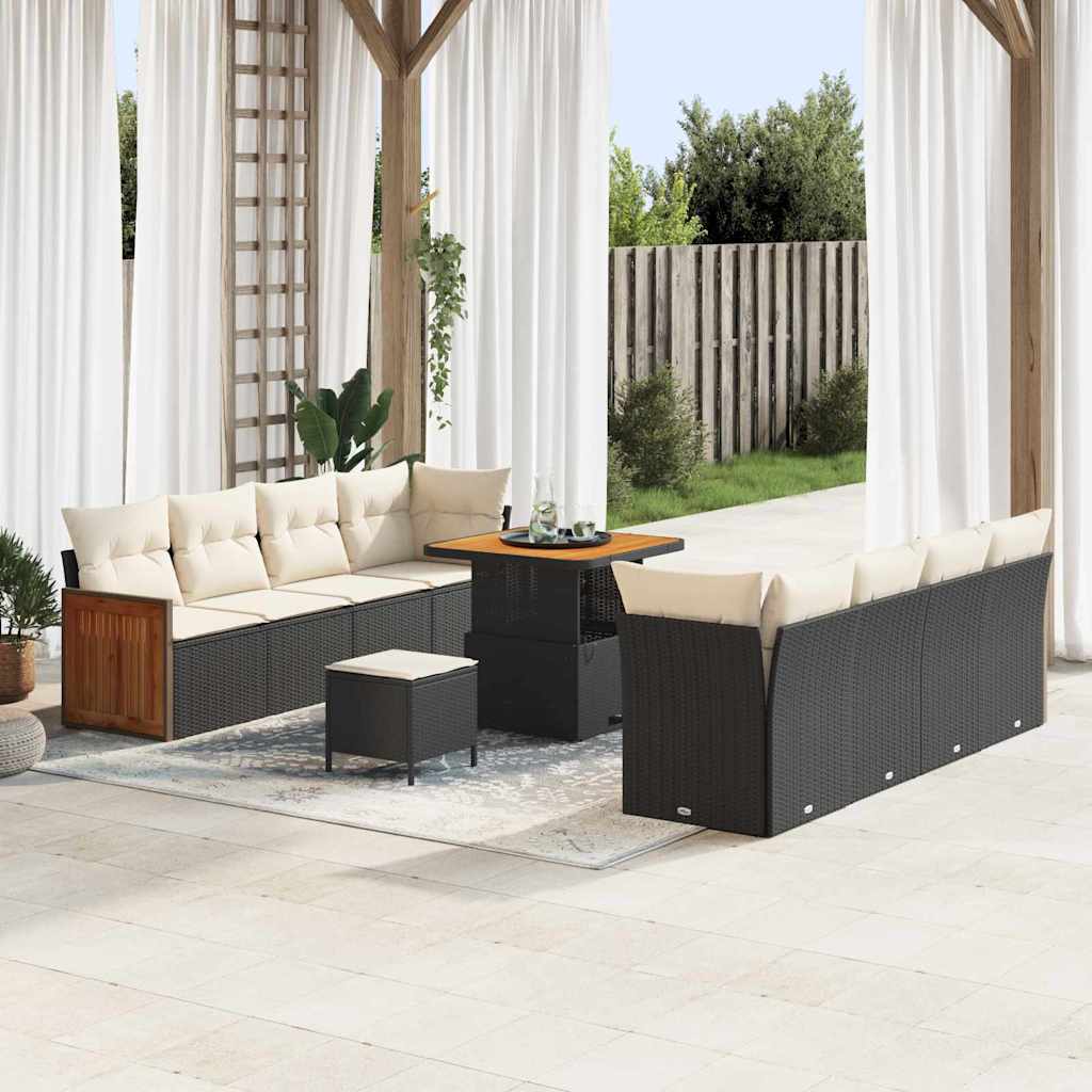 Gartensofa-set mit Kissen 12 pcs Schwarz und Creme Poly-Rattan