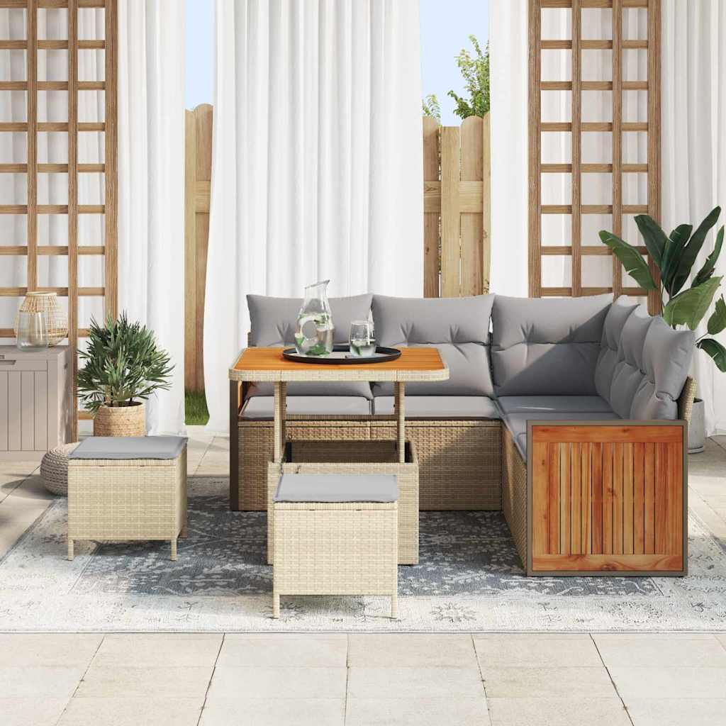 Gartensofa-set mit Kissen 9 pcs Beige und Hellgrau Poly-Rattan