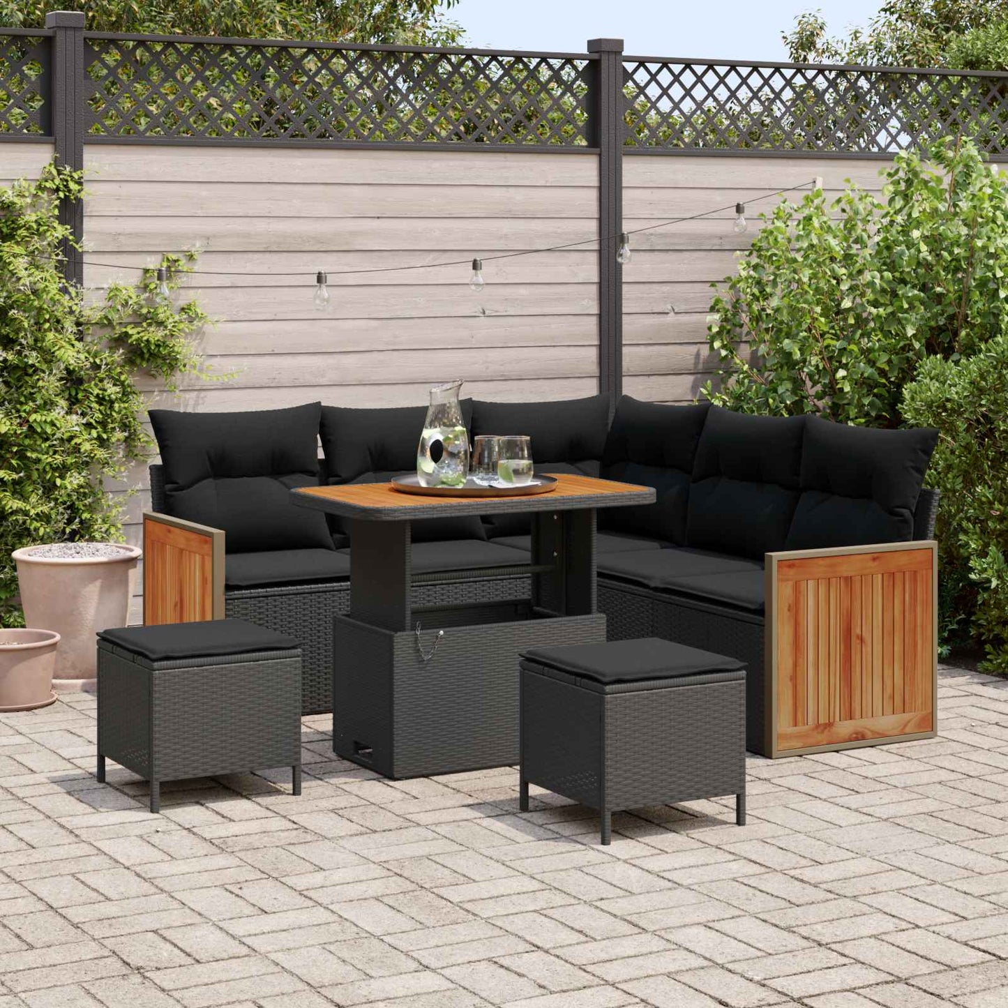Gartensofa-set mit Kissen 9 pcs Schwarz Poly-Rattan