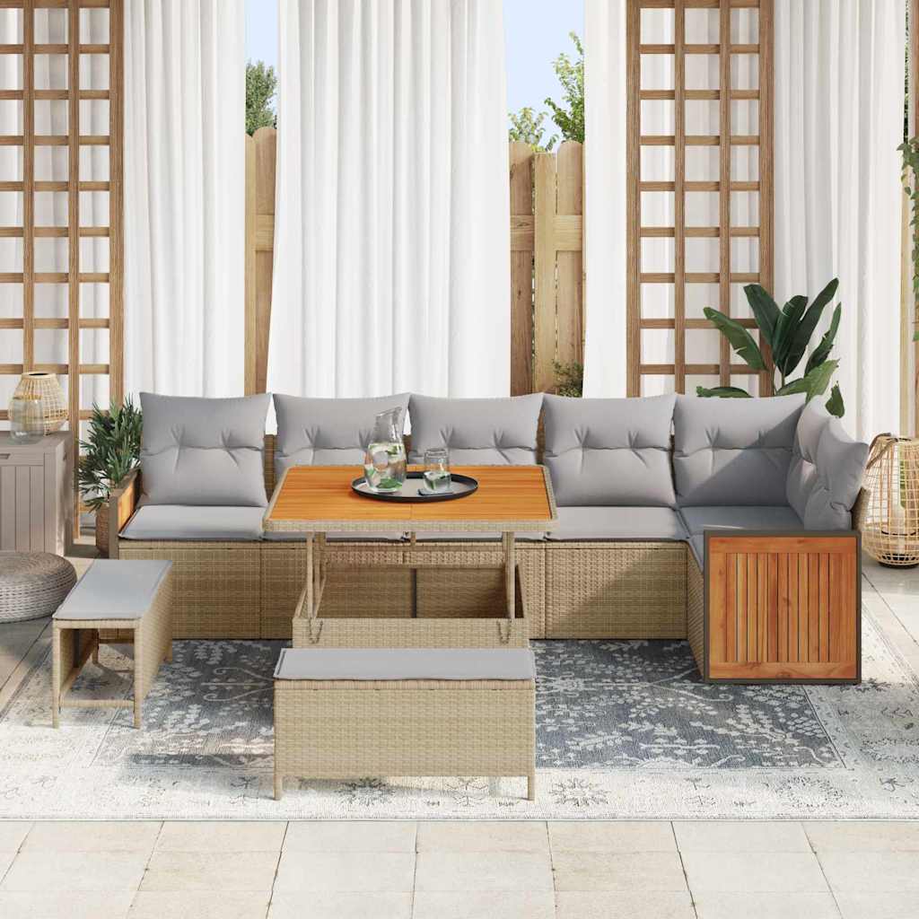 Gartensofa-set mit Kissen 11 pcs Beige und Hellgrau Poly-Rattan