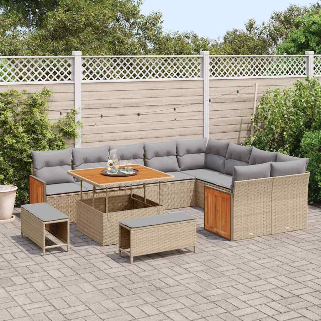 Gartensofa-set mit Kissen 13 pcs Beige und Hellgrau Poly-Rattan