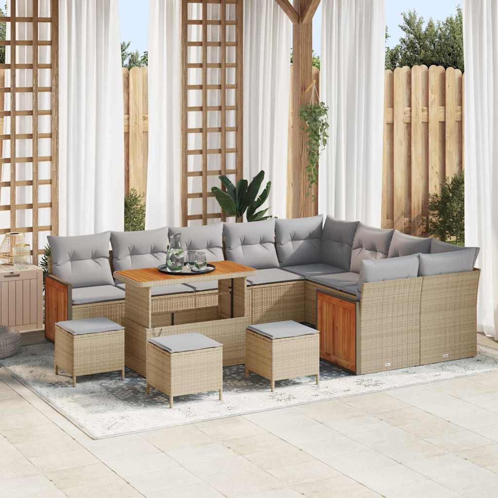 Gartensofa-set mit Kissen 14 pcs Beige und Hellgrau Poly-Rattan