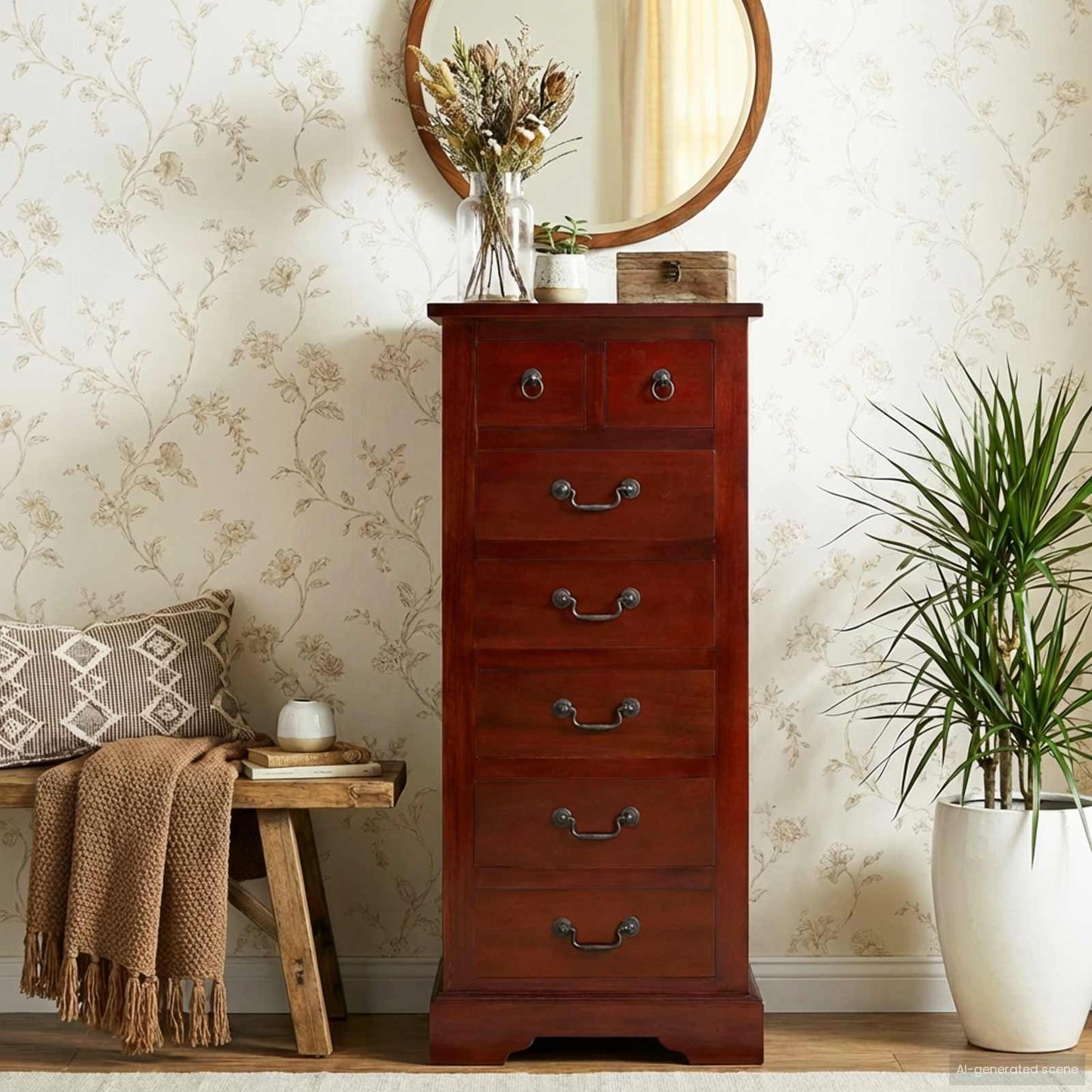 Kommode Braun 45 x 35 x 100,5 cm Massives Mahagoni Holz