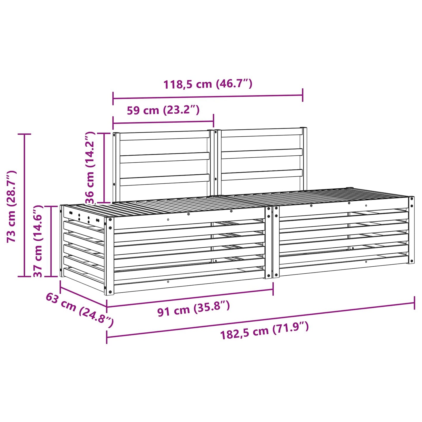 Outdoor-Sofagarnitur 2 Stück Natur 182,5 x 63 x 73 cm