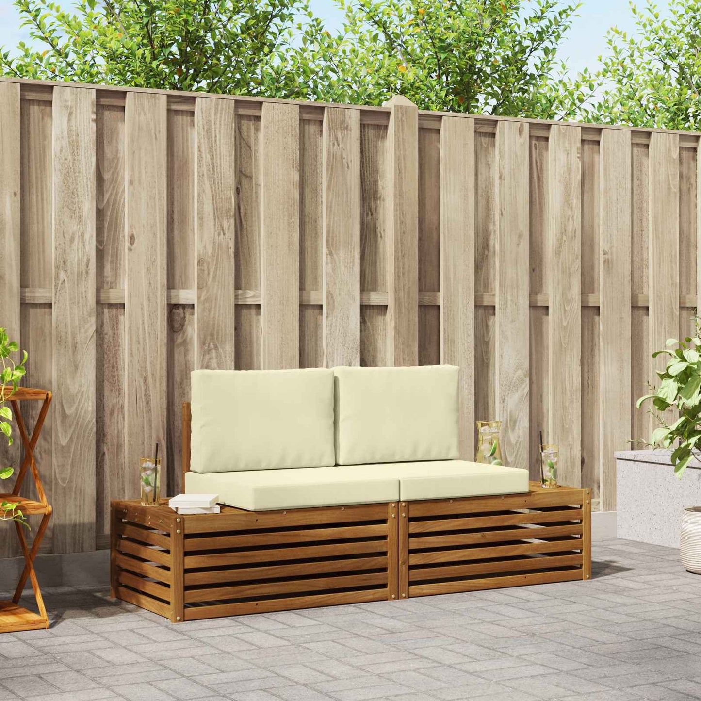 Outdoor-Sofagarnitur mit Kissen 2 Stück Natur und Creme