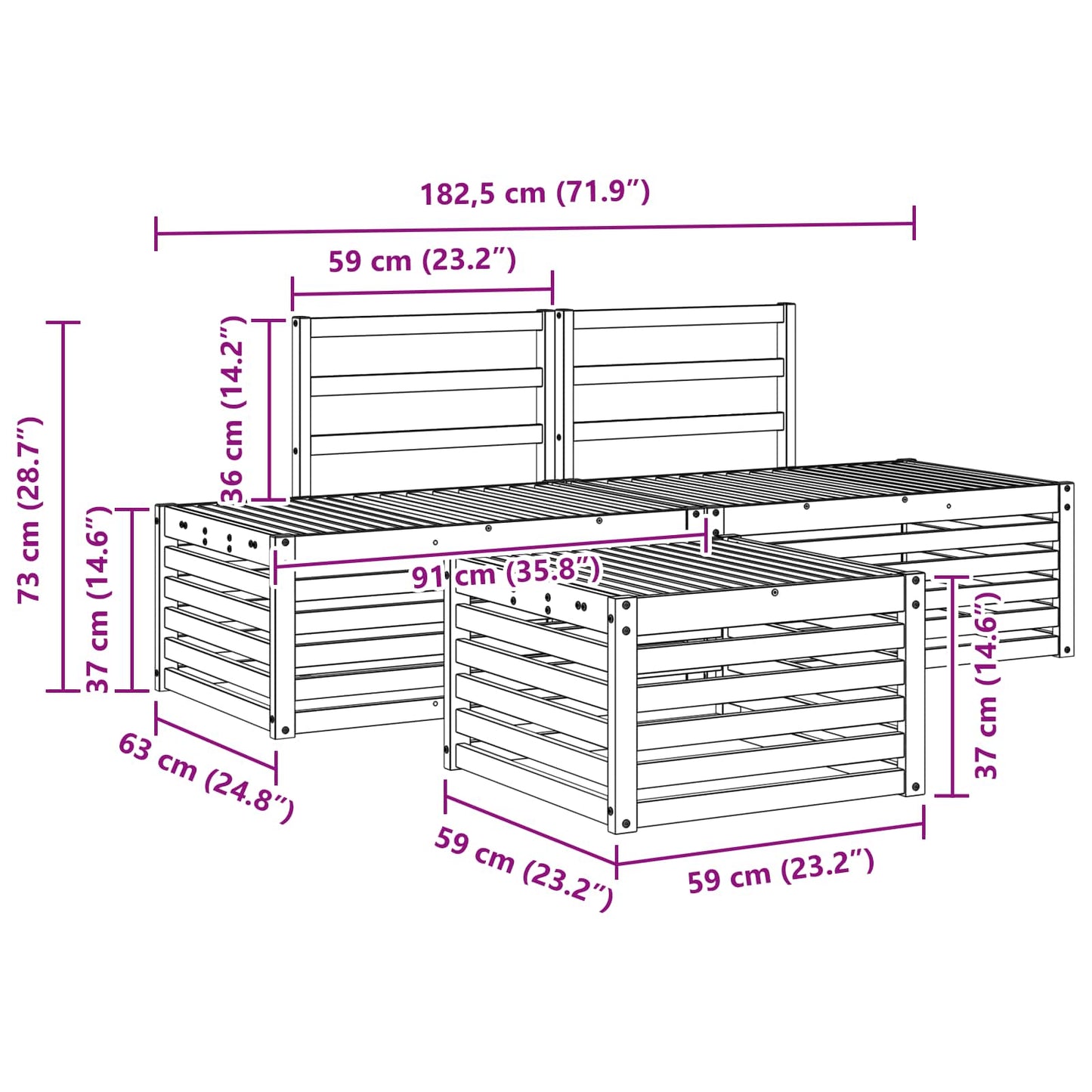 Outdoor-Sofagarnitur Natur 59 x 59 x 37 cm Massivholz Akazie