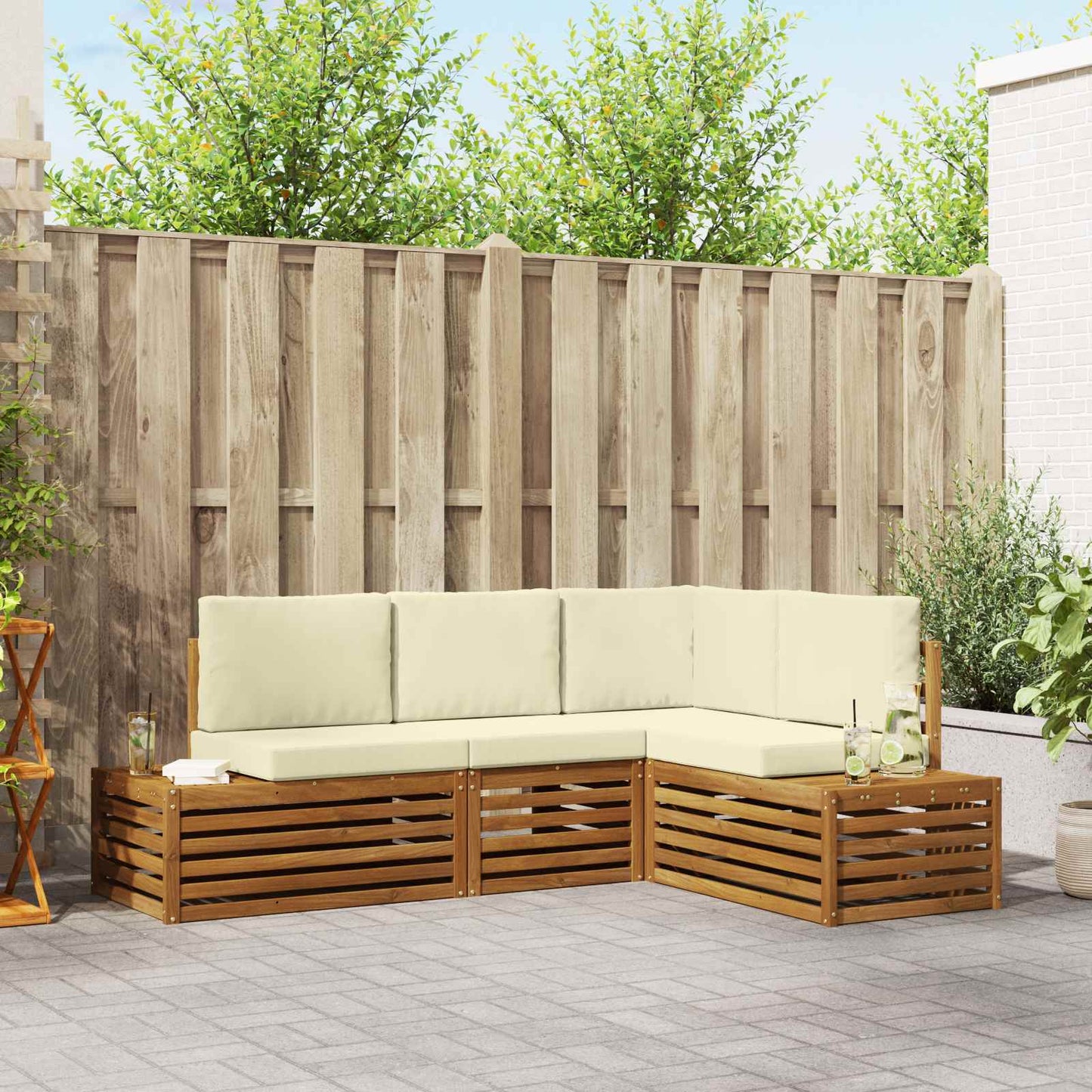 Outdoor-Sofagarnitur mit Kissen 4 Stück Natur und Creme
