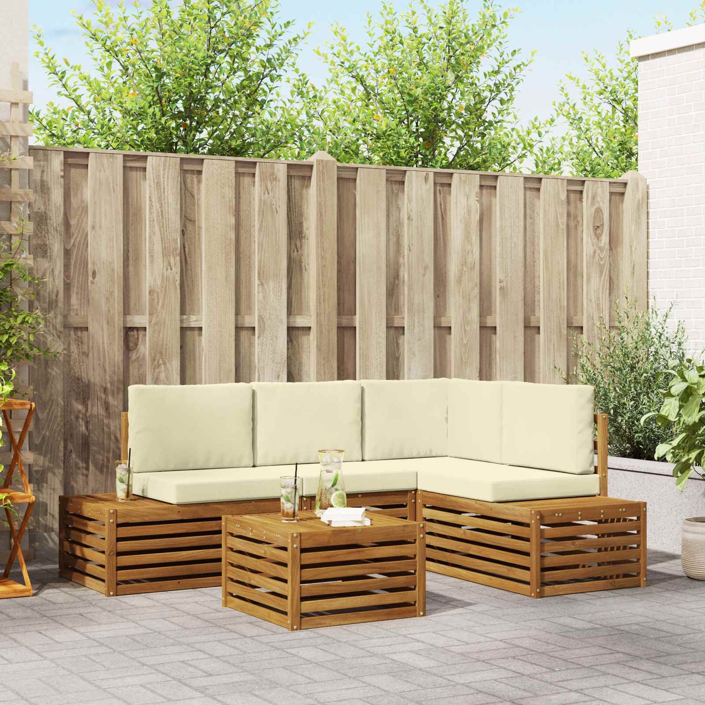 Outdoor-Sofagarnitur mit Kissen Natur und Creme 59 x 59 x 37 cm