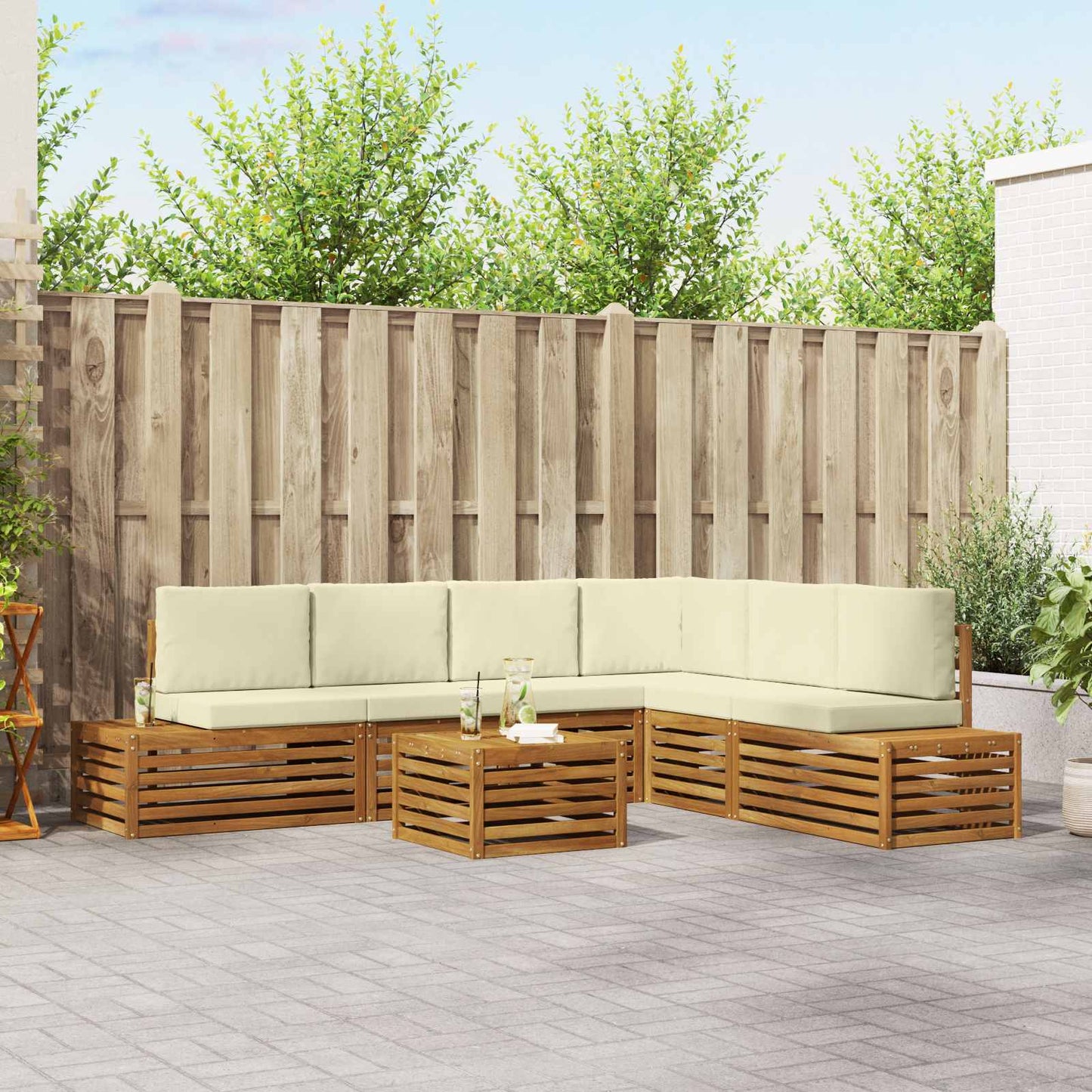 Outdoor-Sofagarnitur mit Kissen 7 Stück Natur und Creme