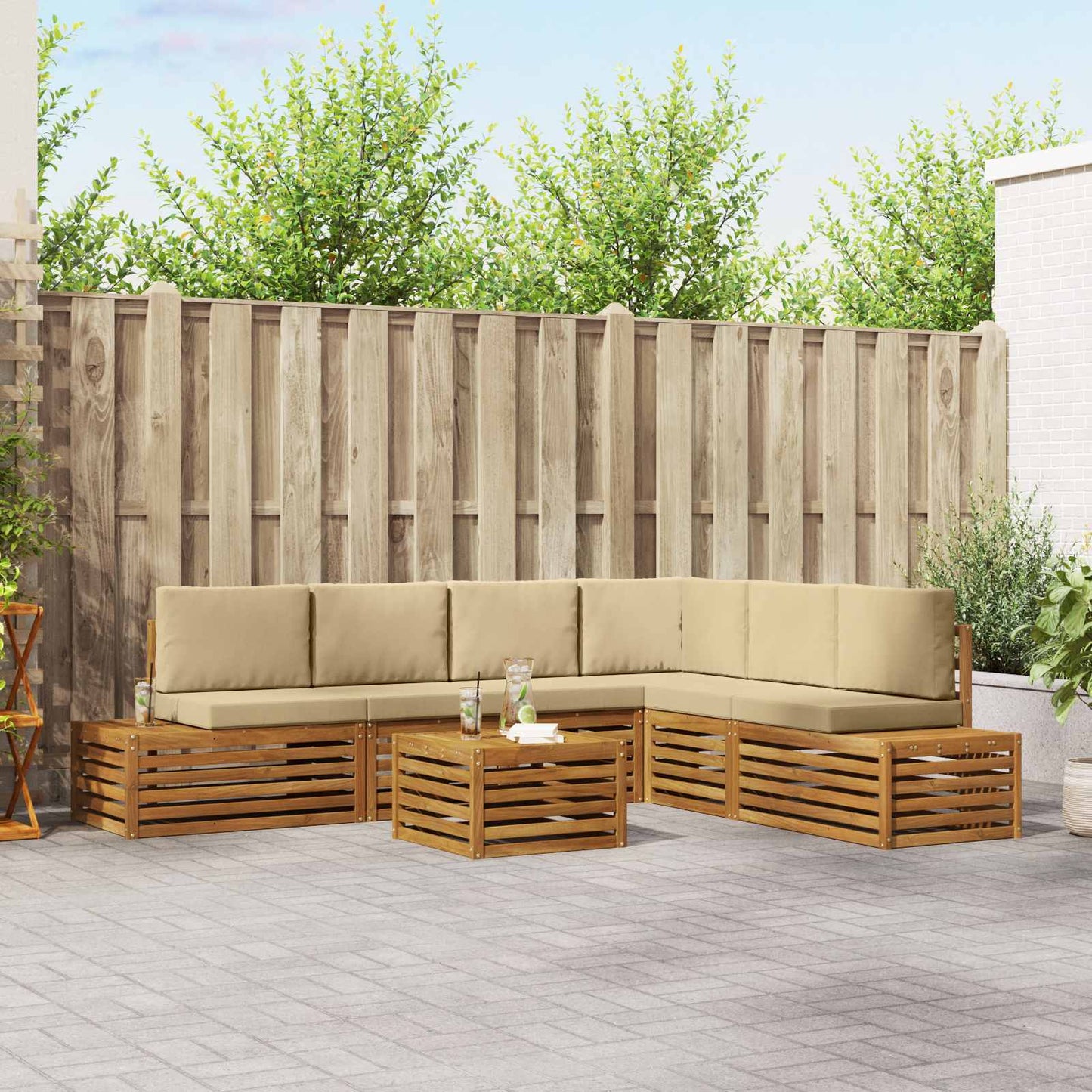 Outdoor-Sofagarnitur mit Kissen 7 Stück Natur und Beige