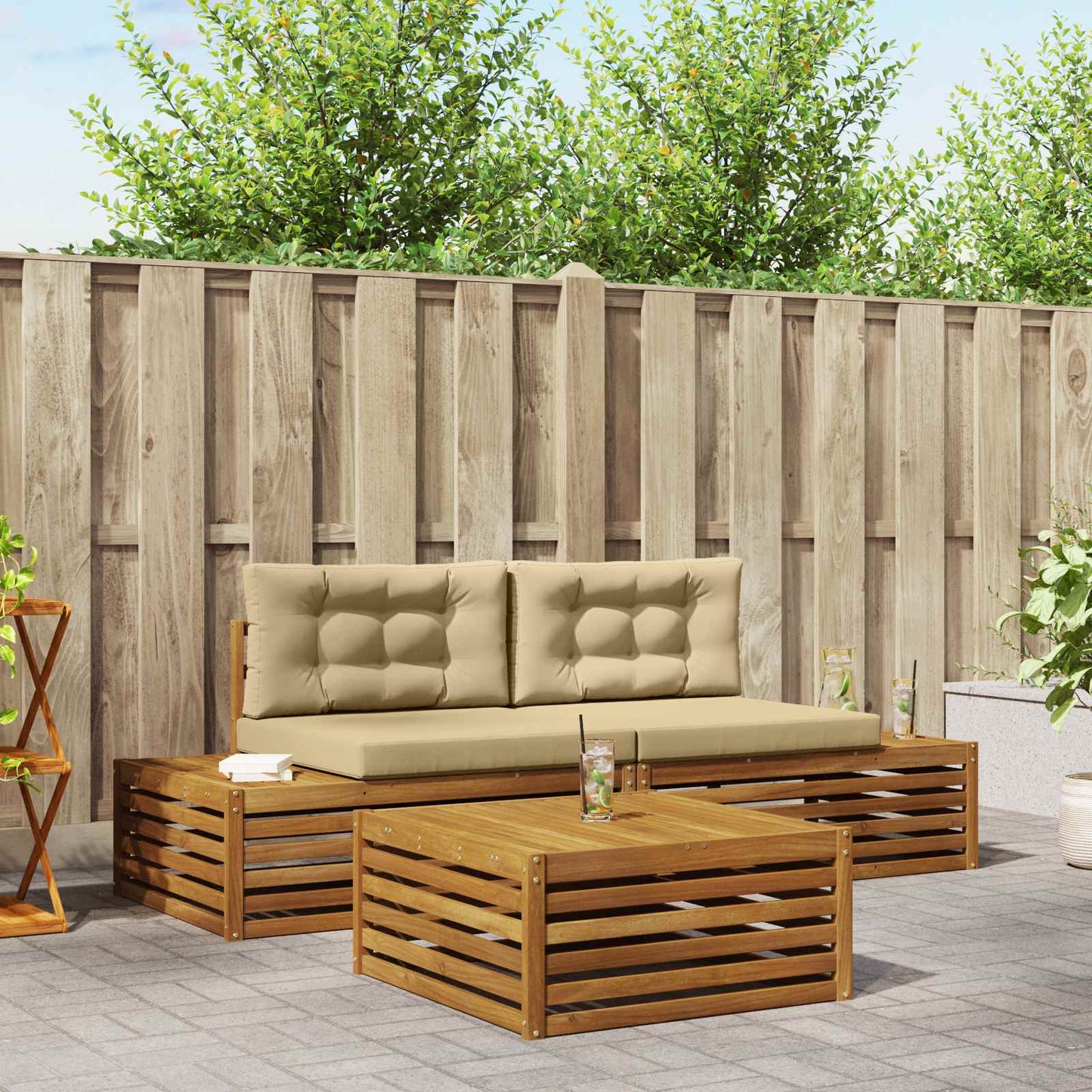 Outdoor-Sofagarnitur mit Kissen 3 Stück Natur und Beige